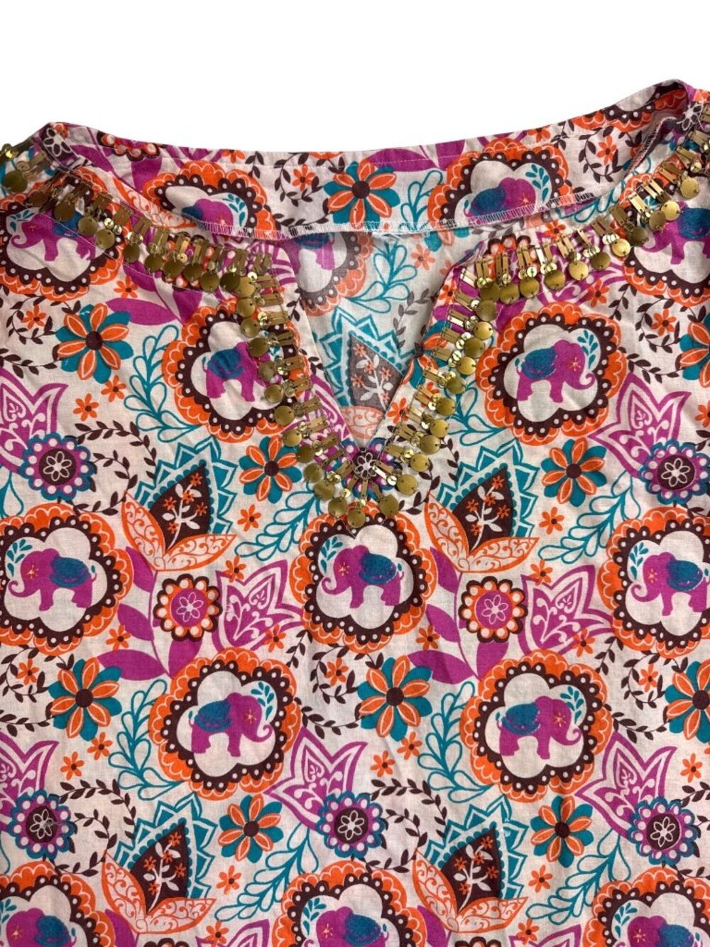 Women’s Boho Floral Medallion Tunic Top Beaded V Neck 3/4 Sleeve Resort Festival - Picture 5 of 12